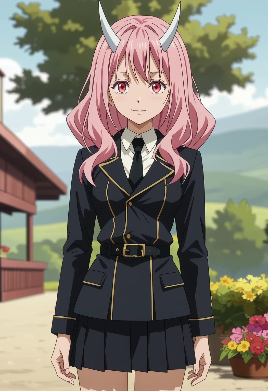 score_7_up, anime screencap,
<lora:TenSura_ShunaXL:0.9>,
1girl, solo, light smile,
long hair, pink hair, pink eyes, white horns,
ShunaMilitary, black jacket, black necktie, black belt, pleated skirt, black skirt,
thigh gap, looking at viewer, cowboy shot,
blurry background, outdoors