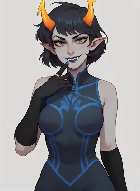 ,score_9, score_8_up, score_7_up, masterpiece, , line art, portrait, anime,, detailed, <lora:Expressive_H:0.45> Expressiveh, <lora:Aranea_serket-000015:0.7> , 1girl, black hair, short hair, yellow sclera, gray skin, pointy ears, horns, aranea serket, , collarbone, mindfang dress, elbow gloves , fangs, makeup, , blue eyes, thick thighs, skindentation, , curvy , looking at viewer, close-up, blue nail polish, ,gray background,