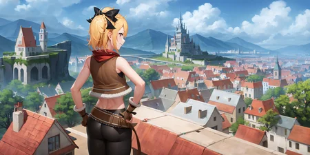 <lora:Felt:1>
best quality, 4k, ((masterpiece)), extremely detailed, 8k, trending on ArtStation, Intricate, High Detail, Sharp focus,detailed background,(fantasy city:1.4),rooftop,crowd,
1girl, solo, navel, bow, blonde hair, red eyes, hair bow, red scarf, braid, short hair, belt,small breasts,standing, looking at viewer, smile, midriff, cowboy shot,blonde hair,black bow,,asymmetrical clothes, gloves,brown gloves, torn legwear,vest,from behind,looking back,hands on hips,