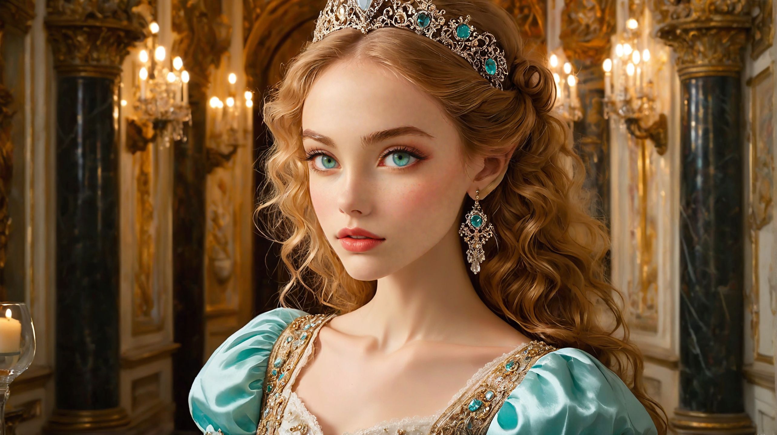 (style of Zac Retz, Whimsical Atmospheres, Dreamlike Figures, Soft Lighting, Painterly Technique, Subtle Emotions:1.3), (extremely curly permed++ doll-like blonde, large covered bust, florence italy opulence:1.25), lavish palace bedroom interior, central female figure, extravagant gown with intricate floral patterns embroidered in gold and silver threads adorned with sparkling jewels, tight corset accentuating an hourglass figure reflecting Renaissance fashion, delicate tiara encrusted with rubies and diamonds jeweled headpiece glinting in soft light pearl earrings dangling elegantly, surrounded by ornate mirrors with gilded frames reflecting the grand chandeliers overhead, marble columns with intricate carvings, luxurious drapery in deep red velvet with gold tassels, richly upholstered furniture with detailed woodwork and plush cushions, gold leaf accents adorning the room detailed frescoes depicting mythological scenes and intricate tapestries telling tales of old, warm soft lighting emanating from crystal chandeliers and flickering candles, casting a romantic regal ambiance throughout, elegant majestic slightly theatrical atmosphere, female figure standing with a graceful poised demeanor, holding a delicate lace fan intricately designed or a single red rose with dew drops, her expression serene yet powerful exuding confidence and grace, capturing the essence of Renaissance splendor and opulence (24 years old feminine, European adult woman:1.12), lightly freckled, (Oval-shaped face, luminous complexion, glowing aqua+ almond-shaped eyes, thin brows, small upturned nose, thin supple lips:1.13), wide angle photo,, Sophoria_Comatosa