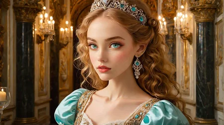 (style of Zac Retz, Whimsical Atmospheres, Dreamlike Figures, Soft Lighting, Painterly Technique, Subtle Emotions:1.3), (extremely curly permed++ doll-like blonde, large covered bust, florence italy opulence:1.25), lavish palace bedroom interior, central female figure, extravagant gown with intricate floral patterns embroidered in gold and silver threads adorned with sparkling jewels, tight corset accentuating an hourglass figure reflecting Renaissance fashion, delicate tiara encrusted with rubies and diamonds jeweled headpiece glinting in soft light pearl earrings dangling elegantly, surrounded by ornate mirrors with gilded frames reflecting the grand chandeliers overhead, marble columns with intricate carvings, luxurious drapery in deep red velvet with gold tassels, richly upholstered furniture with detailed woodwork and plush cushions, gold leaf accents adorning the room detailed frescoes depicting mythological scenes and intricate tapestries telling tales of old, warm soft lighting emanating from crystal chandeliers and flickering candles, casting a romantic regal ambiance throughout, elegant majestic slightly theatrical atmosphere, female figure standing with a graceful poised demeanor, holding a delicate lace fan intricately designed or a single red rose with dew drops, her expression serene yet powerful exuding confidence and grace, capturing the essence of Renaissance splendor and opulence (24 years old feminine, European adult woman:1.12), lightly freckled, (Oval-shaped face, luminous complexion, glowing aqua+ almond-shaped eyes, thin brows, small upturned nose, thin supple lips:1.13), wide angle photo,, Sophoria_Comatosa