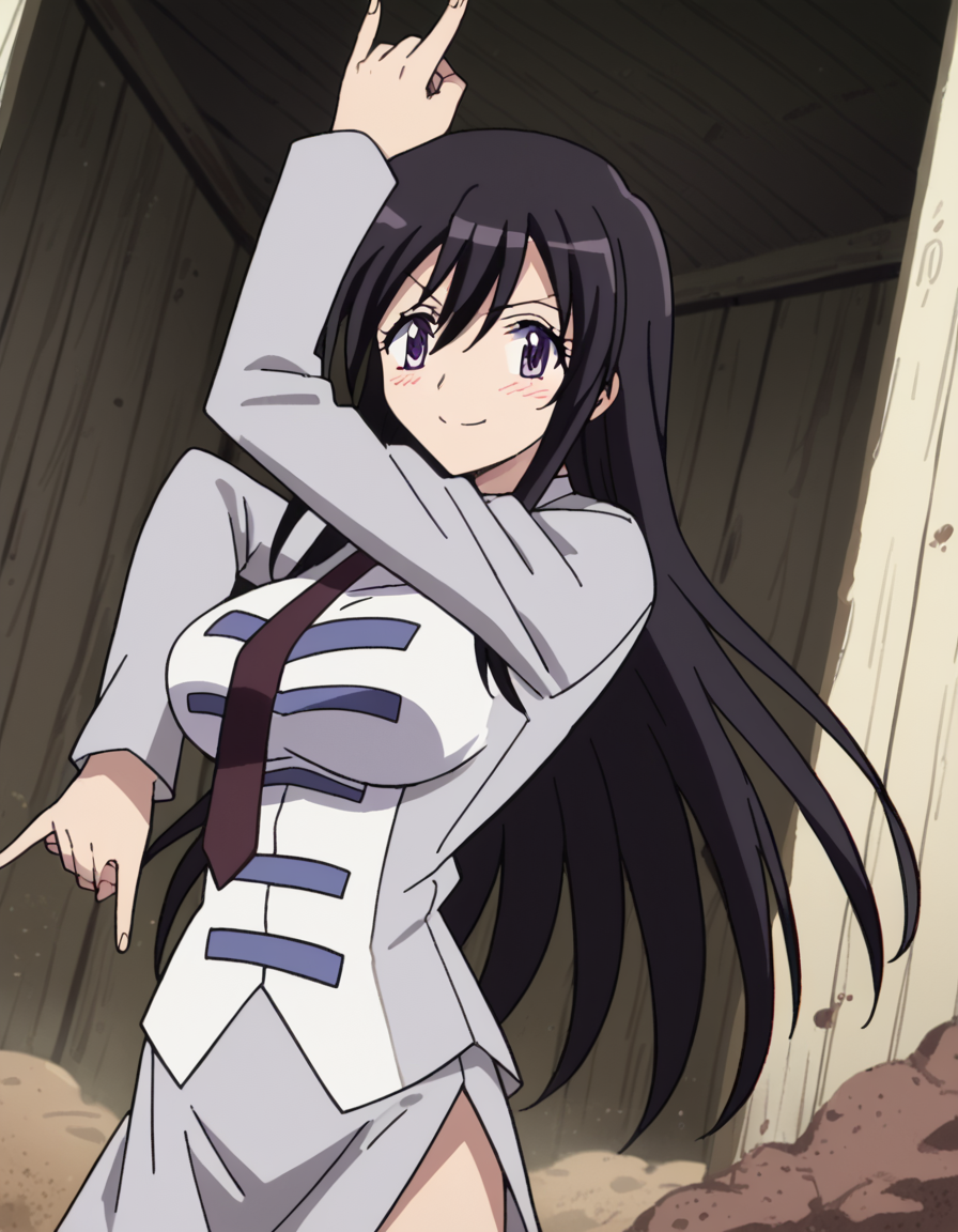 score_9, score_8_up, score_7_up, source_anime, <lora:kyouko-sonan-s1-ponyxl-lora-nochekaiser:1>, kyouko sonan, long hair, black hair, purple eyes, hair between eyes, sidelocks, anime screencap,, skirt, long sleeves, uniform, side slit, skirt suit, necktie, large breasts,, trench, dirt, warfare, shelter, depth, , <lora:killer-queens-pose-ponyxl-lora-nochekaiser:1>, killer queens pose, killer queens's pose (jojo), jojo pose, arm up, hand up, \n/, double \n/, arm down, hand down, blush, smile, cowboy shot,, looking at viewer, solo,, dutch angle, cowboy shot