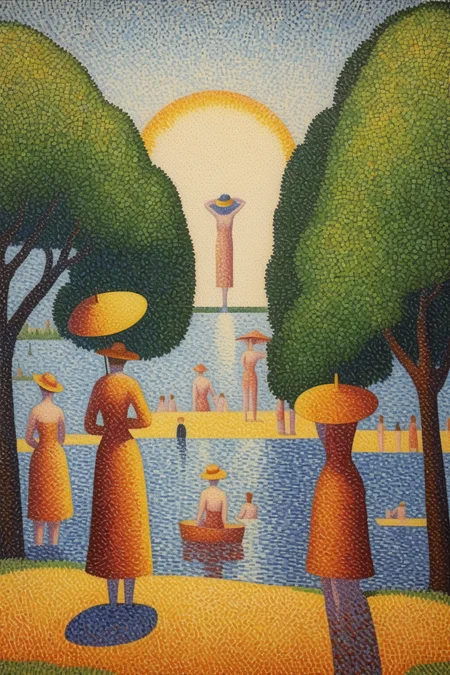 <lora:Paul Signac Style:1>Paul Signac Style - Georges Seurat style. landscape. pointillism. bathers.