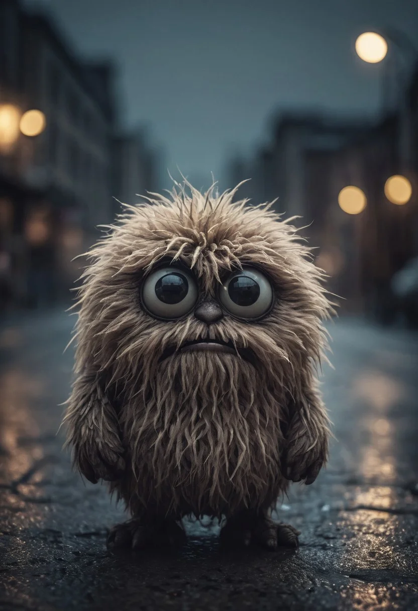 Small furry monster, fur ball, fluffy, shot at night, cute monster, expressive eyes, sad and curious appearance, heartbreaking, very cute, heavy rain, very sad, lonely, lost place, desaturated, dramatic lighting, desaturated background, bokeh, dark theme, soothing tones, depth of field, dramatic backlighting, film grain,