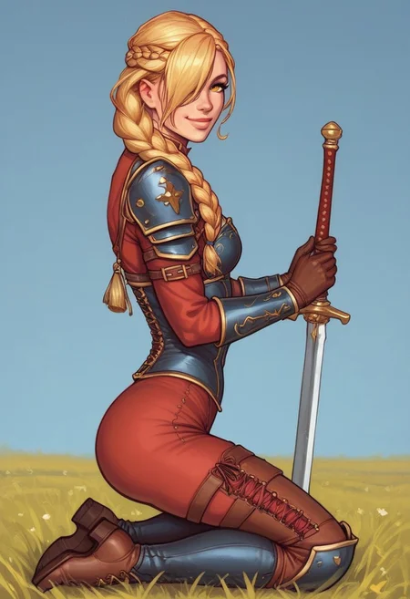 1girl, illustration, looking at viewer, highly detailed, from front,1girl, looking at viewer, highly detailed, skinny, looking at viewer, 1girl, masterpiece, best quality, ((((side view)))), Her , full body portrait, 1girl, <lora:agrias-nvwls-v3:1> agrias, armor, corset, dark red dress, brown gloves, weapon, cross-laced boots, looking at viewer, sidelocks, braided ponytail, yellow eyes, Romance, sci-fi, artificial intelligence, highly detailed
BREAK
slight smile, looking at viewer,
BREAK
long hair, blonde hair, hair over one eye, big hair,
BREAK
best quality, depth of field, bokeh, (((full clothed))) (best quality, high detail), ((masterpiece)), ((ready to fight, holdind big sword in hands)), <lora:1_ino_20e:1>
BREAK
((((((field, mill)))))) score_9, score_8_up, score_7_up, score_6_up, source_cartoon, rating_explicit, Expressiveh, (((((full body))))), dynamic pose