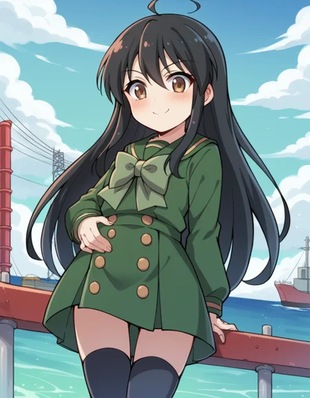 score_9, score_8_up, score_7_up, source_anime, <lora:shakugan-no-shana-s3-ponyxl-lora-nochekaiser:1>, shana, long hair, black hair, brown eyes, ahoge, sidelocks,, school uniform, serafuku, green serafuku, bowtie, green bowtie, green shirt, green sailor collar, long sleeves, green skirt, buttons, thighhighs,, drydock, repair, ships, water, construction, smile, hand on stomach, blush,, looking at viewer, solo,, dutch angle, cowboy shot