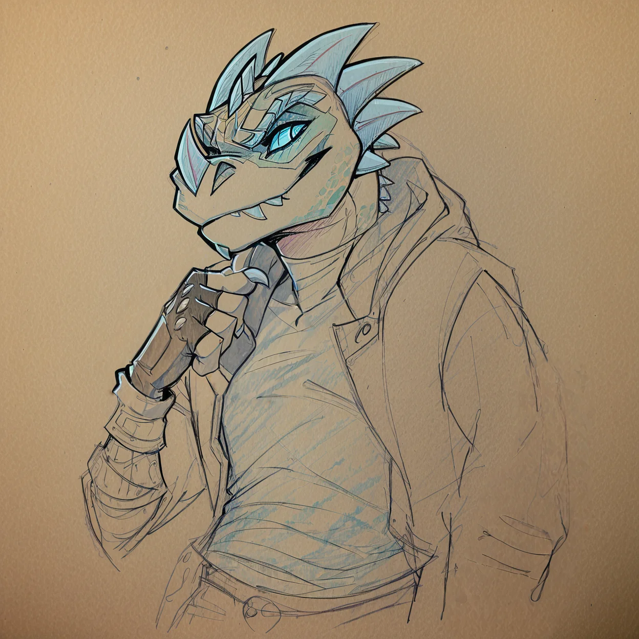 score_9, score_8_up, score_7_up, source_furry, <lora:KeyFrameXLP_Style:0.8>, Expressiveh, intricate details, KeyFrameXLP, color trace, traditional media, sketch, keyframe, monochromatic,<lora:kabsraptorxl:0.8>, 1boy, solo, vergence (kabscorner), raptor, anthro, lizard, verge outfit, high string black leotard, shirt, hood, shorts, fingerless gloves, vest, large lizard tail, detailed shadows, hourglass figure, volouptous, flat chest, lizard tail,nose horn, horns, fangs, chin frills, (headshot, portrait, face closeup), (green body, blue eyes, purple vest, blue face marking:0.6) BREAK, <lora:mrnXLP:0.7> mrn, <lora:Wolfy-Nail_Style_Lora:0.2> by wolfy-nail, zPDXL2, <lora:Perfect Hands:0.8> Perfect Hands