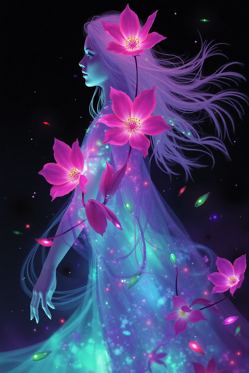 JNANX,solo,woman,luminous white silhouette,neon flowers,magenta petals,cyan glow,emerald highlights,flickering outline,dreamlike movement,rippling colors,drifting embers,infinite black background,psychedelic colors,ethereal,futuristic surrealism,gw,glowing,night,night sky,trippy,