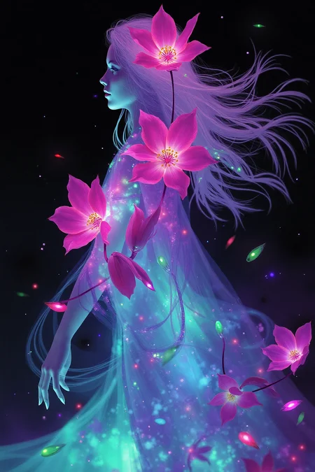 JNANX,solo,woman,luminous white silhouette,neon flowers,magenta petals,cyan glow,emerald highlights,flickering outline,dreamlike movement,rippling colors,drifting embers,infinite black background,psychedelic colors,ethereal,futuristic surrealism,gw,glowing,night,night sky,trippy,