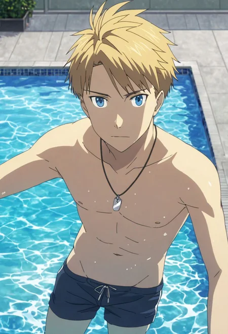 high resolution, professional photography, best quality, 1Boy, Yamato Ishida, blond hair, deep blue eyes, necklace, pool, swimming, shirtless, shorts, looking at viewer, OverallDetail