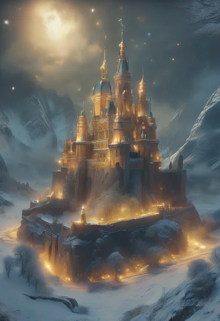 high quality, 8K Ultra HD, highly realistic, The comfortable yet fortified castle with lights in the windows stands tall upon an icy mountain. Embark on an enchanting 8K photorealistic journey as a magnificent castle sails stands atop a vast mountain at night.. Mists appear around the mountain, infusing the scene with a sense of magical wonder, by VelvetS, octane render, Isometric,
<lora:DonM3t3rn1tyXL-v1.1:0.7>, DonM3t3rn1tyXL,
OverallDetailXL <lora:MJ52:0.3> <lora:SDXLFaeTastic2400:0.4>