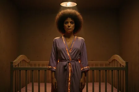 cinematic still, Gina Montana in the Scarface sequel standing barefoot at the center of a crib-shaped altar, brown afro, nursery walls pulsing with invisible heat, lavender robe glowing faintly with ember-thread seams, hair lit like a halo, upper body close-up, symmetrical frontal shot, mood of sacrificial motherhood and theological collapse, spotlight from ceiling fixture overhead, color palette of chalk white, ember rose, and molten pewter, style channeling sacred femininity twisted into quiet despair