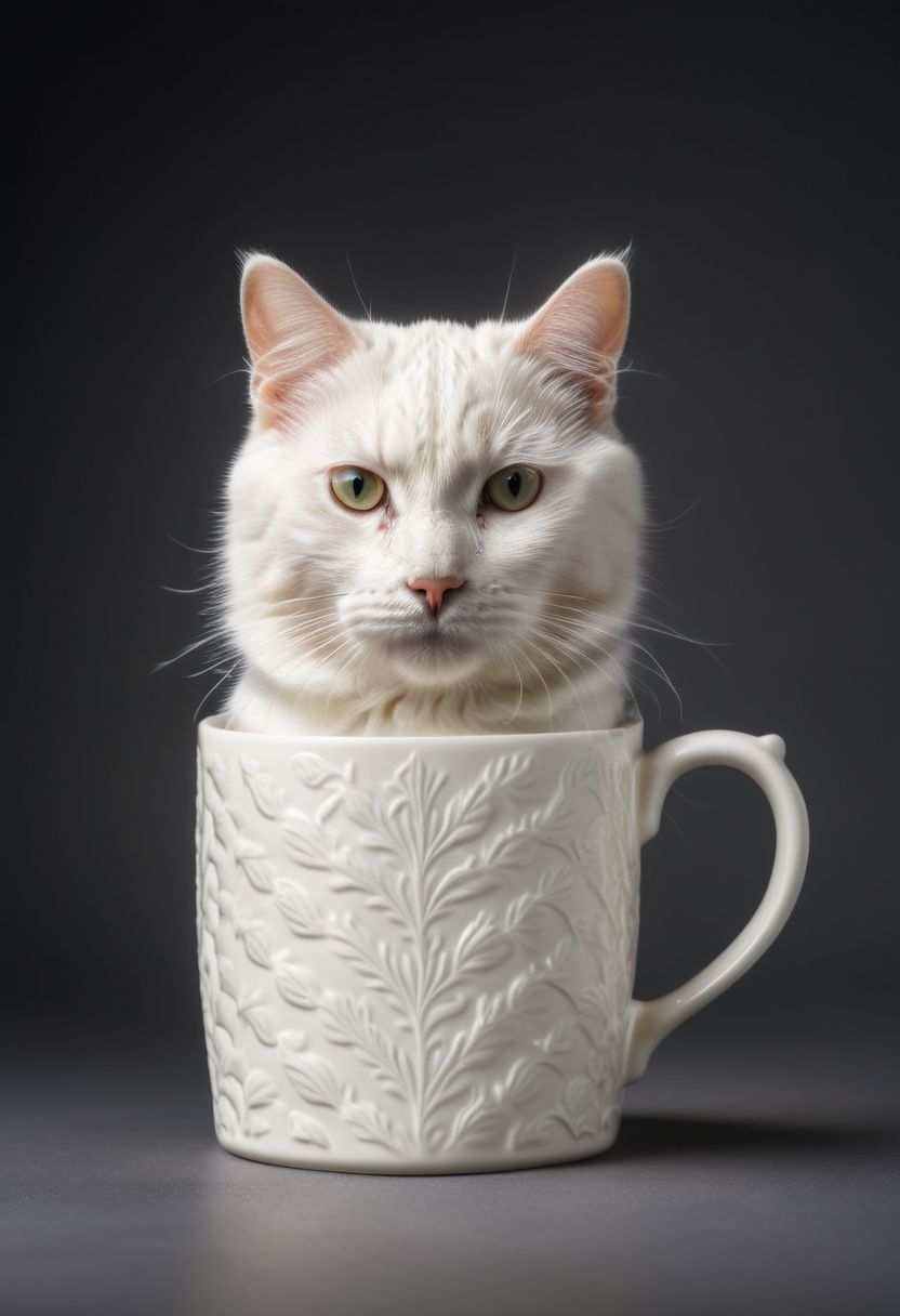 A white cat holding a mug, pattern mug, detailed mug, simple background, 8k, hd