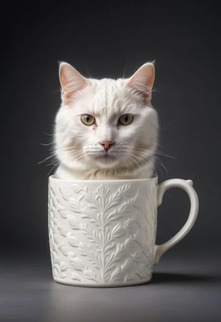 A white cat holding a mug, pattern mug, detailed mug, simple background, 8k, hd