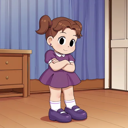 indoors, <lora:DeniseV2:1> denisetdm, 1girl, solo, black eyes, reddish-brown hair, twintails, short twintails, jewelry, earrings, dress, purple dress, short sleeves, whit socks, shoes, purple footwear