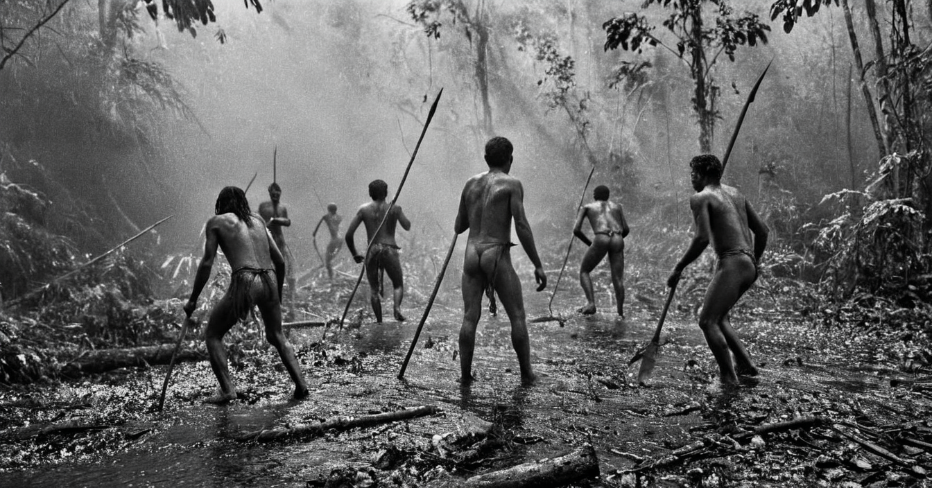 black and white photograph of few indigenous people hunting with spears and sticks in the amazonian rain forest, insane details, dramatic lights, high definition, 35mm camera, film photography style, heavy grain, ral-chrosc-bw, masterpiece, national geographic style, strong vignette, high contrast