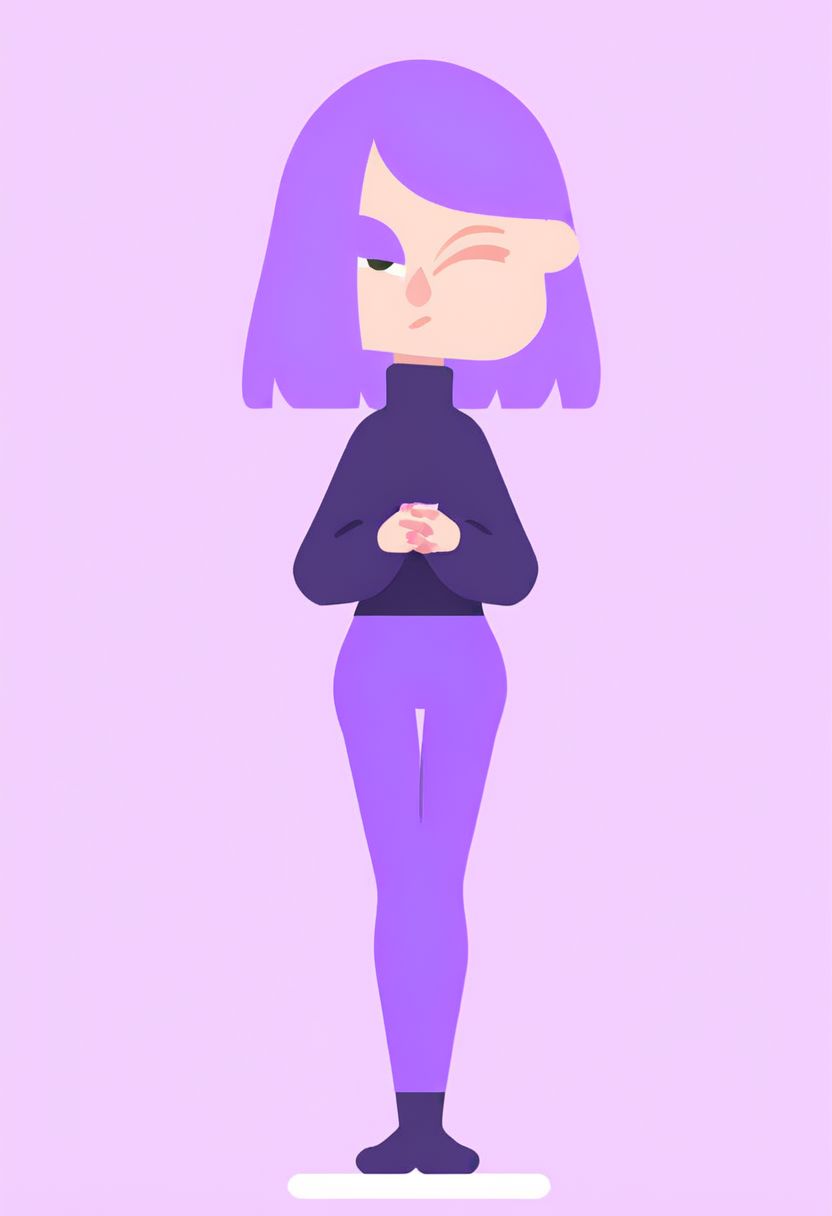 Duo, Lily, LilyDuolingo, girl, light purple hair, hair over one eye, purple nails, thin body, petite, purple sweater, purple leggings, FLAT COLOR,
SIMPLE BACKGROUND, 
MINIMALISTIC,
VECTOR ART,
CLEAN LINES,
ILLUSTRATION,
GRAPHIC DESIGN,
VECTOR GRAPHICS