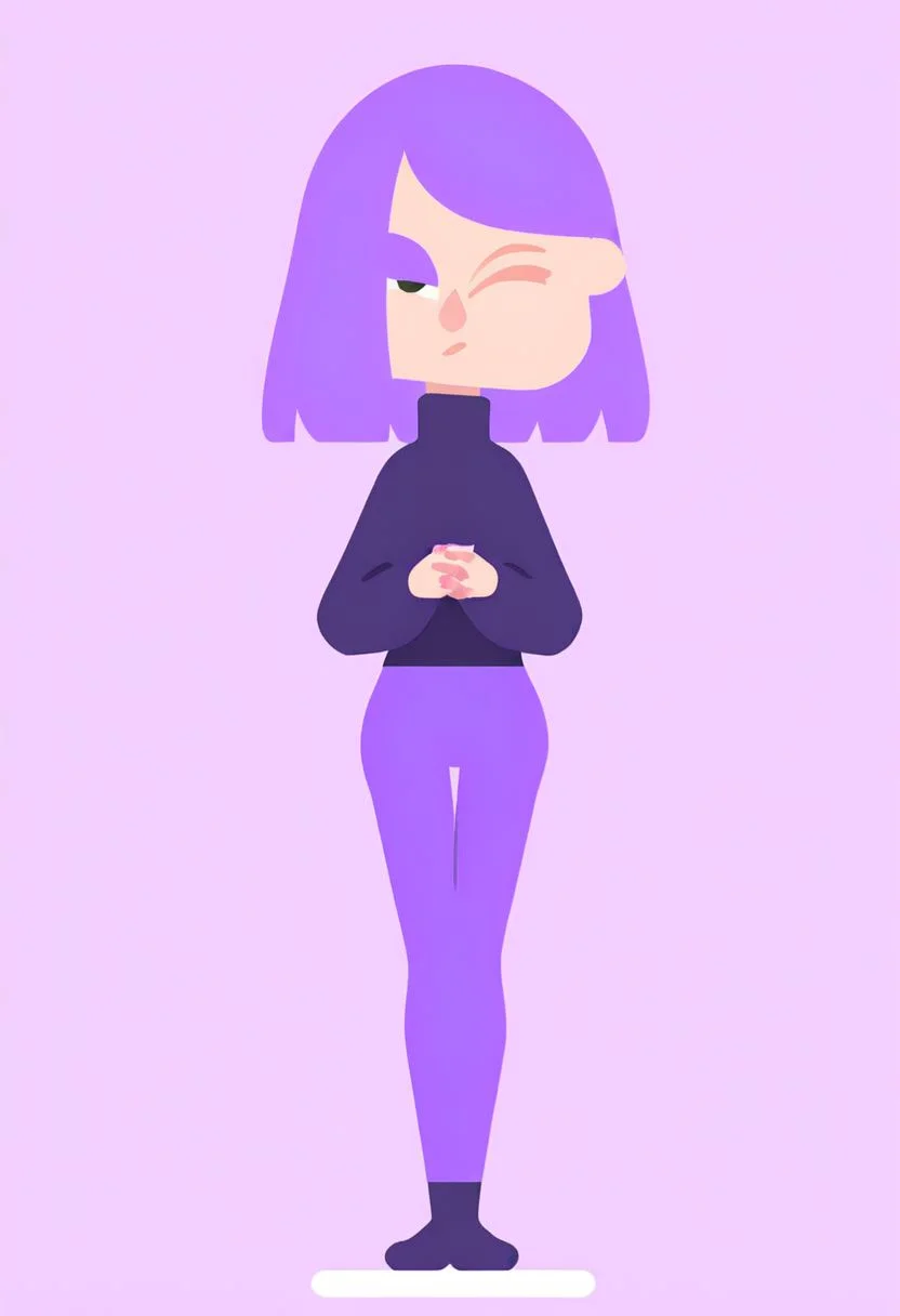 Duo, Lily, LilyDuolingo, girl, light purple hair, hair over one eye, purple nails, thin body, petite, purple sweater, purple leggings, FLAT COLOR,
SIMPLE BACKGROUND,
MINIMALISTIC,
VECTOR ART,
CLEAN LINES,
ILLUSTRATION,
GRAPHIC DESIGN,
VECTOR GRAPHICS