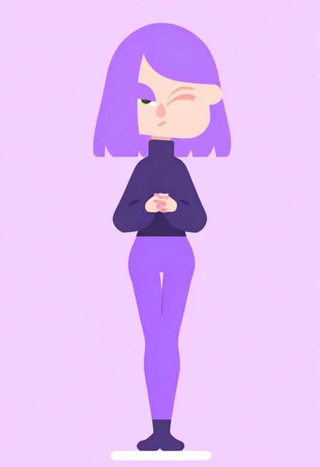 Duo, Lily, LilyDuolingo, girl, light purple hair, hair over one eye, purple nails, thin body, petite, purple sweater, purple leggings, FLAT COLOR,
SIMPLE BACKGROUND, 
MINIMALISTIC,
VECTOR ART,
CLEAN LINES,
ILLUSTRATION,
GRAPHIC DESIGN,
VECTOR GRAPHICS