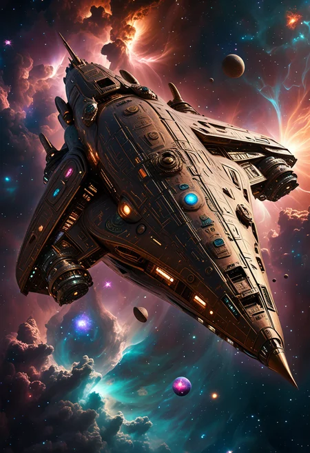 (medium full shot) of (utilitarian expansive bronze spaceship) with reinforced-steel hull, dark matter engines, advanced shielding, adorned with mystic symbols, set in a radiant nebula, with vivid colors and swirling patterns, the spaceship cutting through the luminescent clouds, during a cosmic storm, ,Masterpiece,best quality, raw photo, realistic, very aesthetic