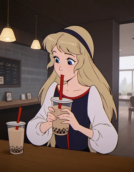 <lora:eilonwy-illustrious-000020:1> eilonwy, fashion, hairband, 1girl, solo, cafe, bubble tea, masterpiece, best quality