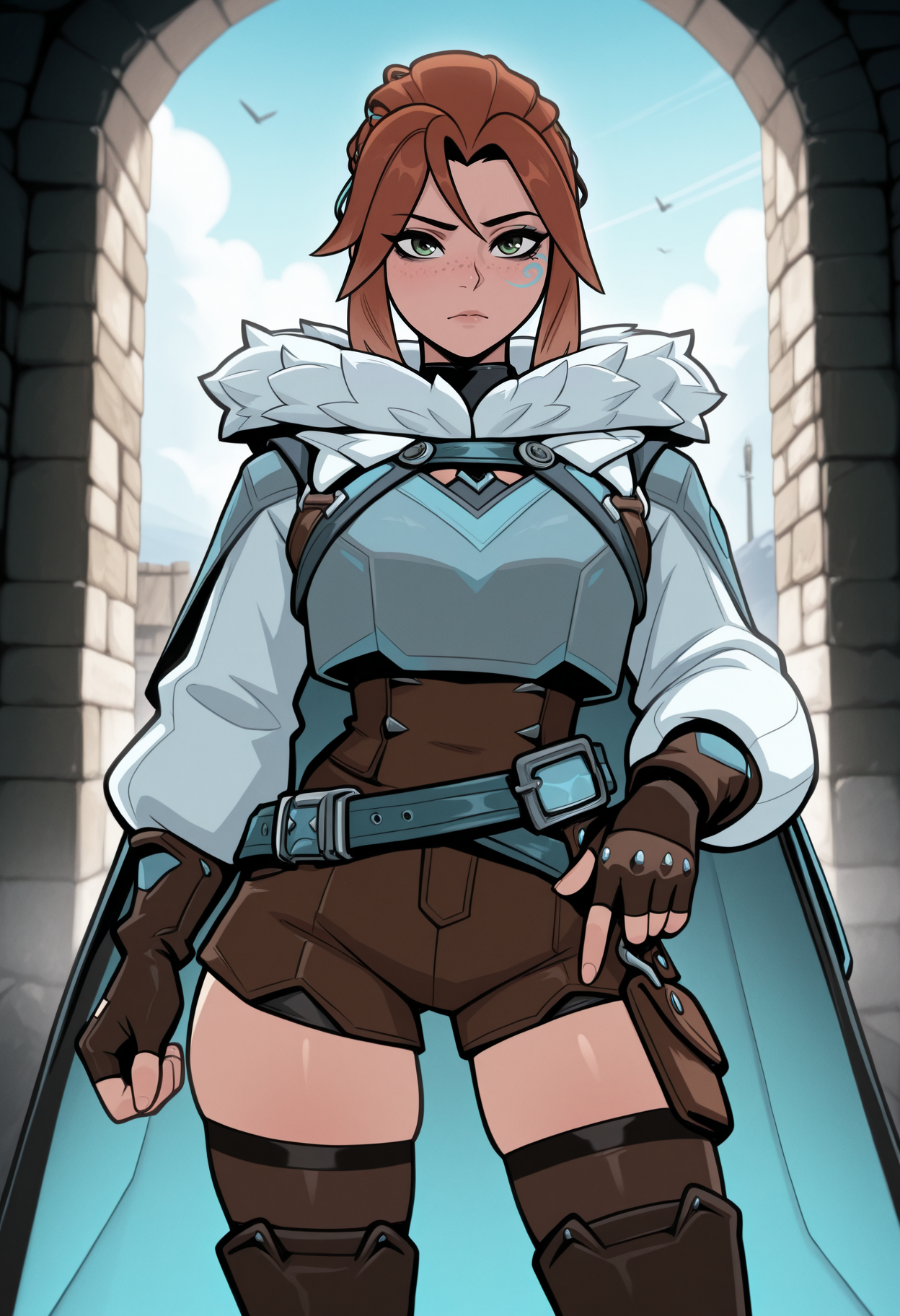 masterpiece, best quality, amazing quality, necrodancerStyle  <lora:necrodancerStyle_illustrious_byJaneB:1>,
<lora:frejaV2Illustrious:1> ow2freja, vest, , asymmetrical facial mark, fingerless gloves, cowboyshot, belt, fur trim, cape, shorts, thighhighs,