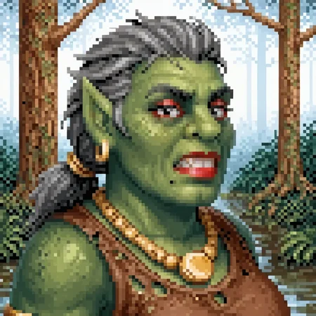 heroes2, (pixel art:1.2), from front, looking at viewer, face focus, head shot, outdoors, swamp background, trees, bushes, plants, solo, from side,
troll, female, mature, brown tunic, green skin, grey hair, gold earrings, gold necklace, gold bangle, gold armband, gold hair tie, mole, black eyes, red eyeshadow, red lipstick, tattered clothing, medium breasts, clenched teeth, snarl,
<lora:HoMM_v8NoobBs975:0.8>,