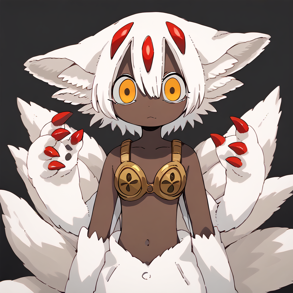 <lora:87sukiyaki:1.2>
 <lora:Faputa_XL_Pony_Revision:0.8> Faputa, 1girl, dark skin, dark-skinned girl, white hair, short hair, extra arms, red claws, multiple tails, yellow eyes, white fur, animal ears, Metal bra