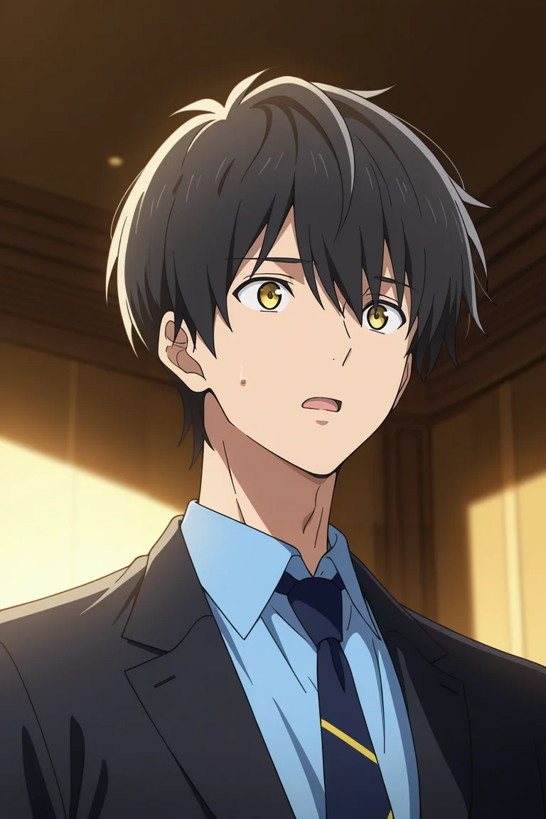 masterpiece, best quality, amazing quality, very aesthetic, high resolution, ultra-detailed, absurdres, newest, scenery, volumetric lighting, depth of field,anime screencap, , , 1boy, solo, male focus, <lora:kuro:0.87>, kuro sakuragawa,black hair,yellow eyes,short hair,open mouth,collared shirt,blue shirt,simple background, upper body, necktie, sweatdrop, formal, suit,black suit,