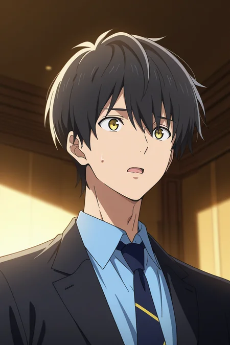 masterpiece, best quality, amazing quality, very aesthetic, high resolution, ultra-detailed, absurdres, newest, scenery, volumetric lighting, depth of field,anime screencap, , , 1boy, solo, male focus, <lora:kuro:0.87>, kuro sakuragawa,black hair,yellow eyes,short hair,open mouth,collared shirt,blue shirt,simple background, upper body, necktie, sweatdrop, formal, suit,black suit,