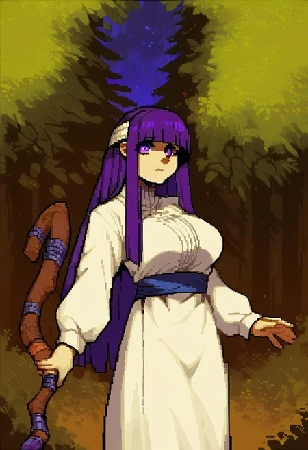 score_9, score_8_up, score_7_up, lpho, pixel, cowboy shot, solo, fern \(sousou no frieren\), large breasts, long hair, purple hair, half updo, blunt bangs, purple eyes, headband, (forest, night), holding staff