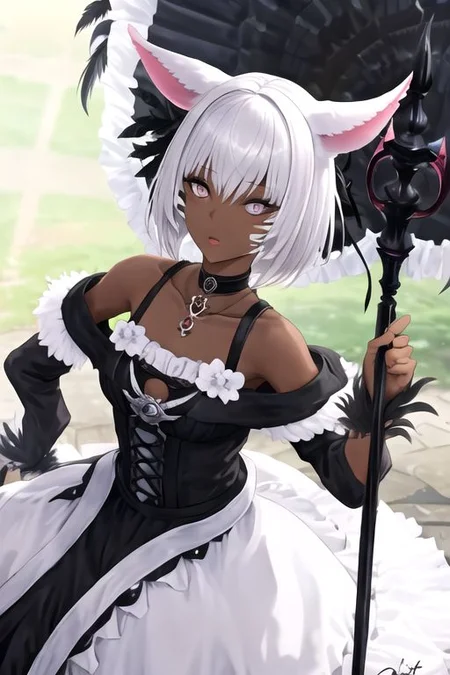 solo, 1girl, solo_focus, (((masterpiece))), ((best quality)), ((ultra-detailed)), ((too_many)):16, high resolution, absurdres, highres, ultra-detailed 8k unity wallpaper,
FFXIV Trailer CG, 1girl, solo, short hair, hair ornament, dress, animal ears, cleavage, jewelry, upper body, white hair, parted lips, choker, cat ears, signature, dark skin, blurry, black dress, dark-skinned female, lips, grey eyes, fur trim, blurry background, black choker, facial mark, feathers, looking up, slit pupils, staff, brooch, holding staff, feather hair ornament, whisker markings, miqo'te, fur-trimmed dress, Y'shtola Rhul