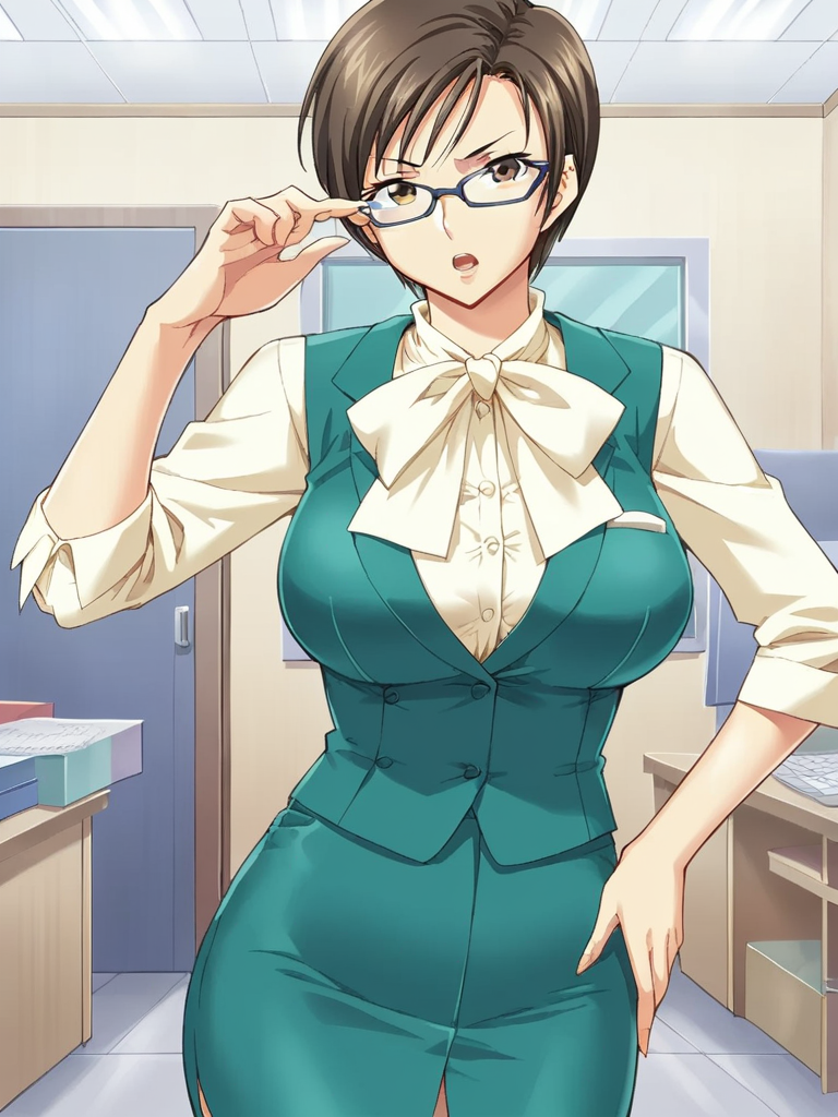 score_9, score_8_up, score_7_up,  
1girl, toyohara hitomi, short hair, brown hair, large breasts, brown eyes,
glasses,
standing, solo, office, frown, open mouth, looking at viewer, adjusting eyewear, hand on hip,
office lady, green vest, green skirt, white shirt, long sleeves, neck ruffle, 