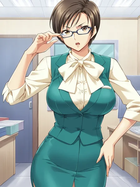 score_9, score_8_up, score_7_up,
1girl, toyohara hitomi, short hair, brown hair, large breasts, brown eyes,
glasses,
standing, solo, office, frown, open mouth, looking at viewer, adjusting eyewear, hand on hip,
office lady, green vest, green skirt, white shirt, long sleeves, neck ruffle,