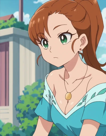 score_9, score_8_up, score_7_up, anime screencap, solo,1girl, green eyes, earrings, jewelry, necklace,brown hair, ponytail, stud earrings, long hair, asymmetrical bangs, collarbone,shirt,medium breasts,skirt, cleavage,<lora:natsuumiaoi:0.8>