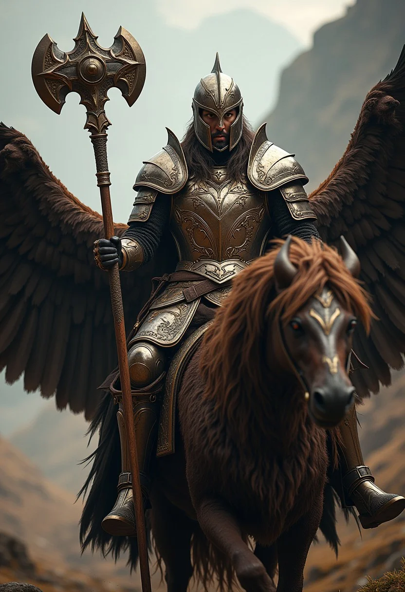 (Close up), score_9,score_8_up,score_7_up, ((extremely realistic photo)), (RAW photo, best quality), (realistic, photo-Realistic:1.3), best quality, masterpiece, beautiful and aesthetic, 16K, (HDR:1.4). A human lord in full plate armor on his griffon. he wilds a magical Warhammer and is about to lead his army to into a charge. RPG Style