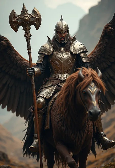 (Close up), score_9,score_8_up,score_7_up, ((extremely realistic photo)), (RAW photo, best quality), (realistic, photo-Realistic:1.3), best quality, masterpiece, beautiful and aesthetic, 16K, (HDR:1.4). A human lord in full plate armor on his griffon. he wilds a magical Warhammer and is about to lead his army to into a charge. RPG Style
