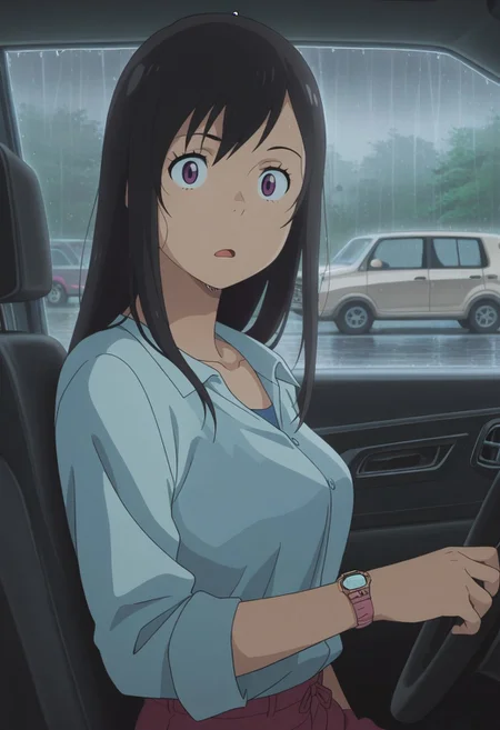 masterpiece,best quality,amazing quality, suga natsumi, black hair, purple eyes, long hair, 1girl, rain, watch, solo, motor vehicle, ground vehicle, wristwatch, car, open mouth, anime coloring, looking at viewer