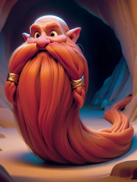 3d pixar style, a peculiar dwarf-like being with a head and features typical of a dwarf, but their body is entirely composed of a flowing, long red beard, sleeping, laying down, braided moustache, gold bangles, They have no visible arms, torso, or legs, in a cave, goblins in the background, <lora:Harry_Dwarf:1>