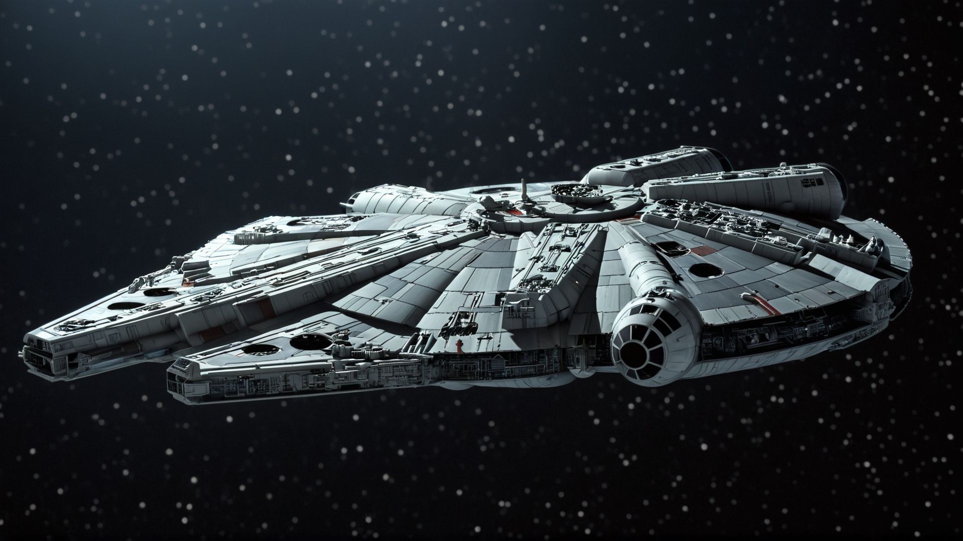 cinematic film still of  <lora:star wars style v2:0.2>
<lora:detailed:0.2> 
<lora:perfection style:0.2>
<lora:Ron Fricke style:0.1>
 <lora:Millennium Falcon:0.8>
Millennium Falcon (YT-1300 light freighter) a model of a millennium fighter is shown in the dark,backlight,simple background,no humans,black background,scenery,machinery,science fiction,space,spacecraft,concept art , star wars style, shallow depth of field, vignette, highly detailed, high budget, bokeh, cinemascope, moody, epic, gorgeous, film grain, grainy