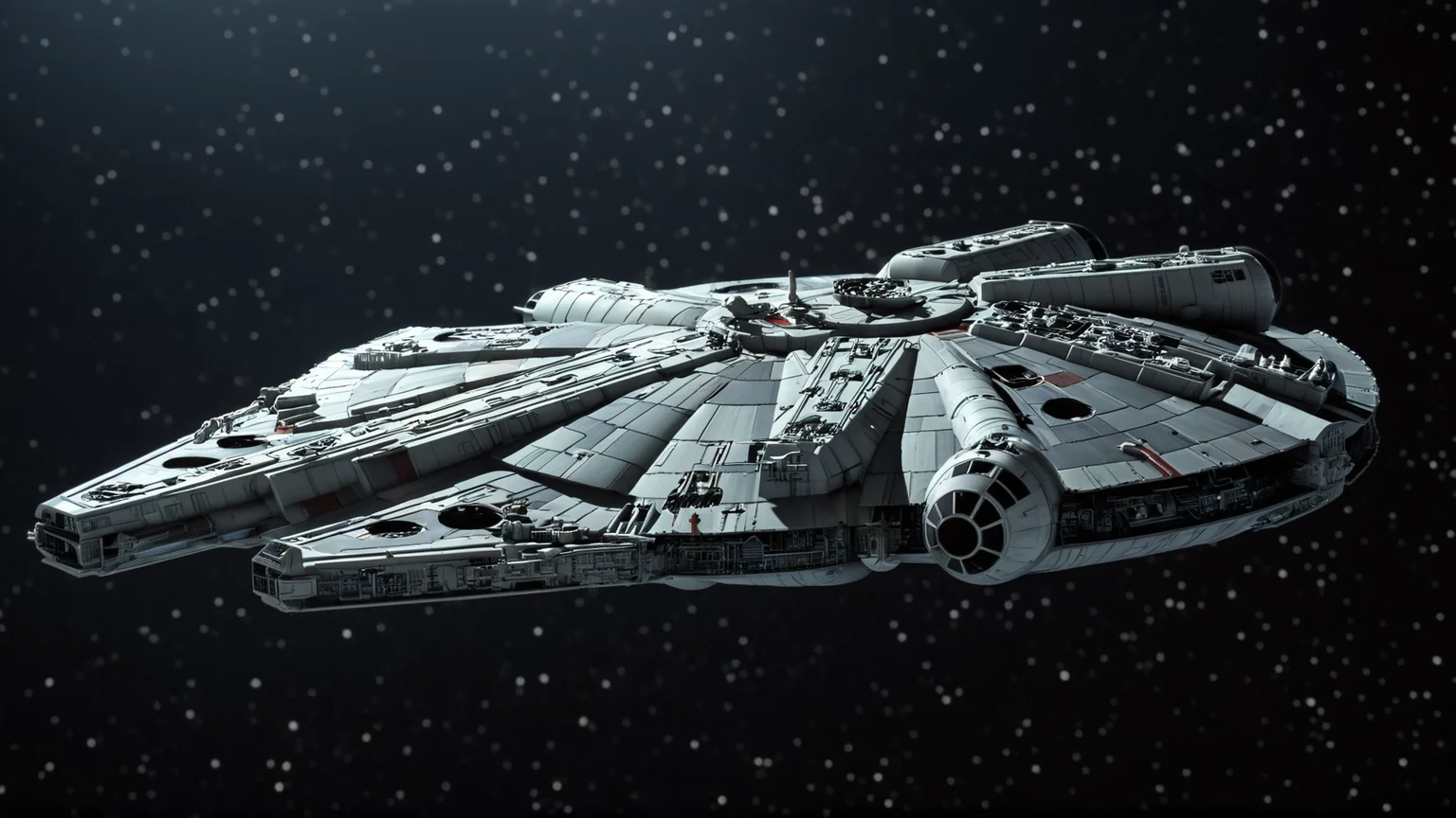 cinematic film still of <lora:star wars style v2:0.2>
<lora:detailed:0.2>
<lora:perfection style:0.2>
<lora:Ron Fricke style:0.1>
<lora:Millennium Falcon:0.8>
Millennium Falcon (YT-1300 light freighter) a model of a millennium fighter is shown in the dark,backlight,simple background,no humans,black background,scenery,machinery,science fiction,space,spacecraft,concept art , star wars style, shallow depth of field, vignette, highly detailed, high budget, bokeh, cinemascope, moody, epic, gorgeous, film grain, grainy