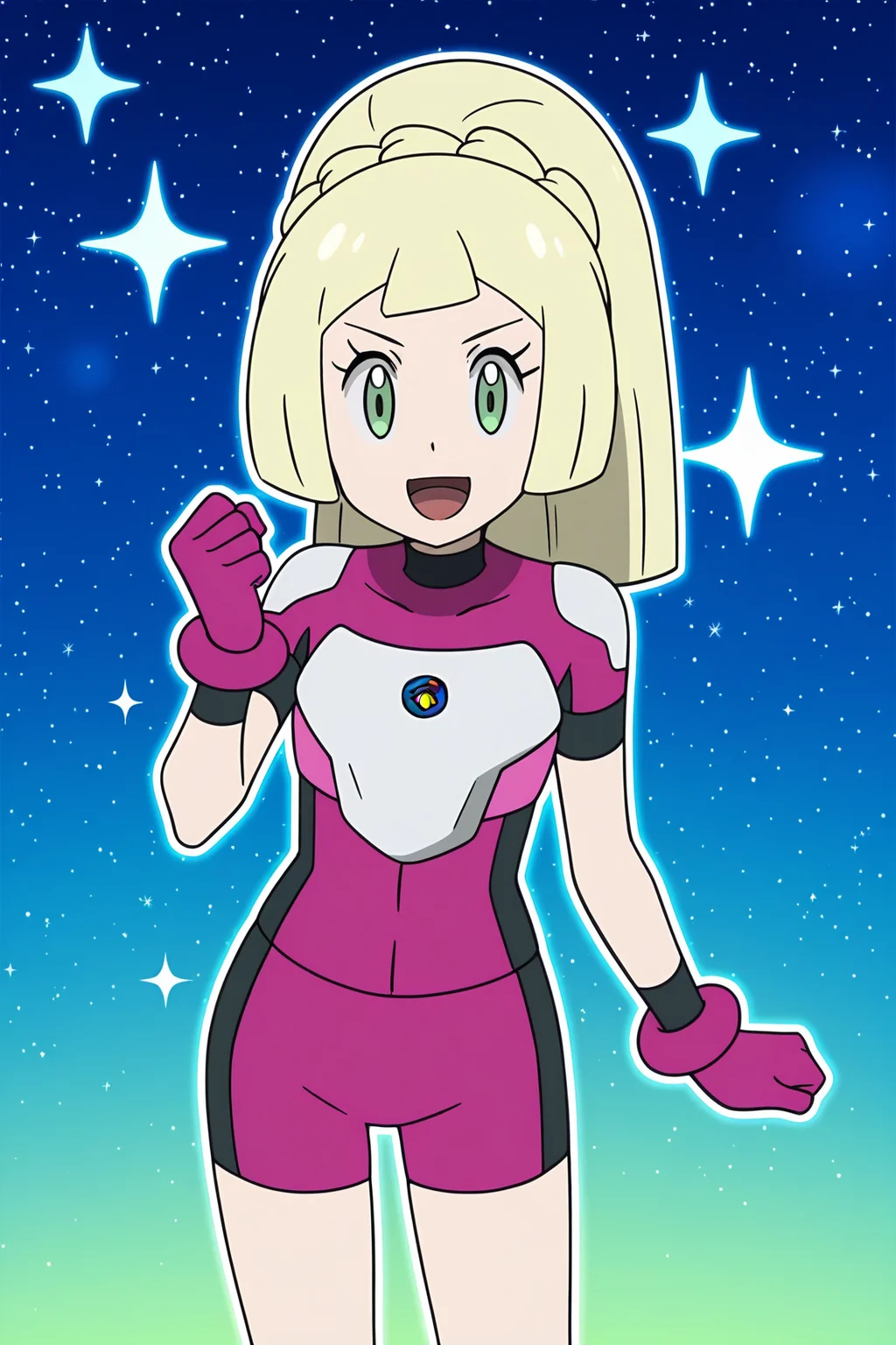 anime, anime screencap, lillieul, 1girl, solo, long hair, looking at viewer, smile, open mouth, blonde hair, gloves, standing, green eyes, braid, ponytail, short sleeves, :d, tongue, hand up, blunt bangs, eyelashes, cosplay, bodysuit, happy, clenched hand, bike shorts, stars, clenched hands, outline, pink gloves, lillie \(pokemon\), pokemon
<lora:Lillie_Ultraguardian:1>
