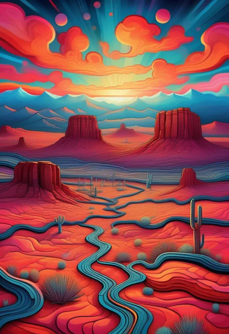 Rolling desert landscapes of the American Southwest in a vibrant psychedelic style, with bold, surreal colors separated by sharp black lines, creating a stained-glass effect. Towering red rock formations and mesas in the distance, stylized with vivid hues of orange, pink, and turquoise. Sparse desert vegetation like cacti and sagebrush rendered in exaggerated, kaleidoscopic patterns. A small pueblo-style village nestled in the valley, its adobe structures glowing with warm, earthy tones. The sun setting in a fragmented, geometric sky, casting a dreamlike glow over the scene. Highly detailed, surreal composition, inspired by psychedelic art and Southwestern aesthetics, 8K resolution, vivid and trippy yet harmonious color palette, a mesmerizing and otherworldly mood.
linquivera