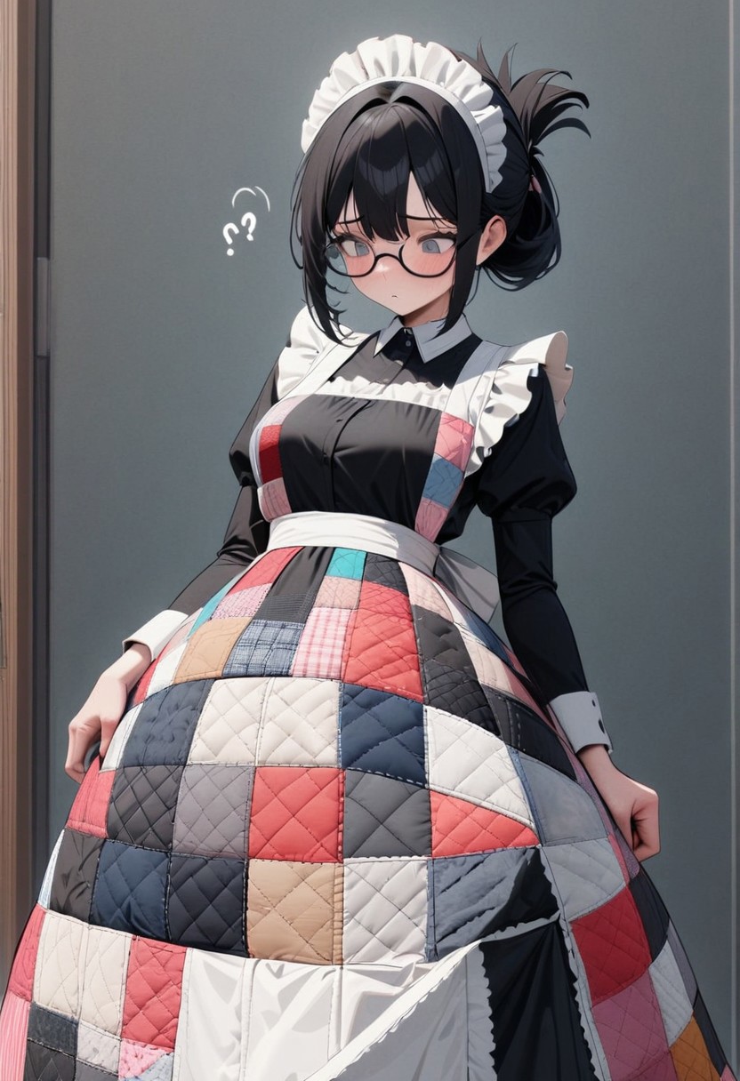 masterpiece, very aesthetic, absurdres, newest, ptchkrawk,
confused, flying question marks, cowboy shot, maid, patchwork dress, quilted dress, colorful dress, long dress, white apron, maid headdress, gray eyes, glasses, black hair, folded ponytail,lifting skirt, looking down, confused expression,
