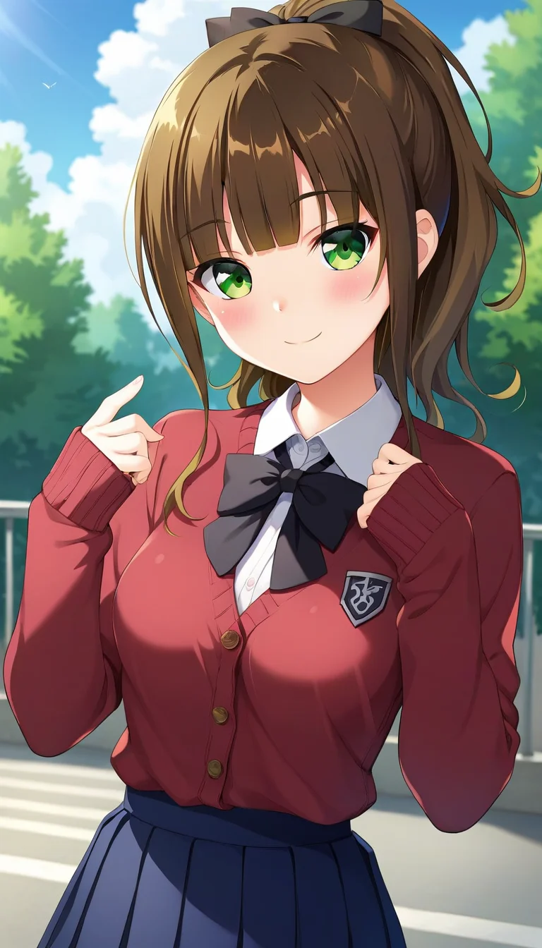score_9,score_8_up,score_7_up,score_6_up BREAK official art,solo,outdoors,upper body,(portrait:1.5),looking at viewer,facing viewer,smile,blush,(petite:1.5),Kinoshita Yuuna,long hair,brown hair,ponytail,hair bow,black bow,hair ribbon,red ribbon,blunt bangs,green eyes,school uniform,red cardigan,white shirt,collared shirt,long sleeves,sleeves past wrists,medium breasts,blue skirt,pleated skirt,white socks,loafers,<lora:Kinoshita Yuuna(od)-Pony:1.2>,