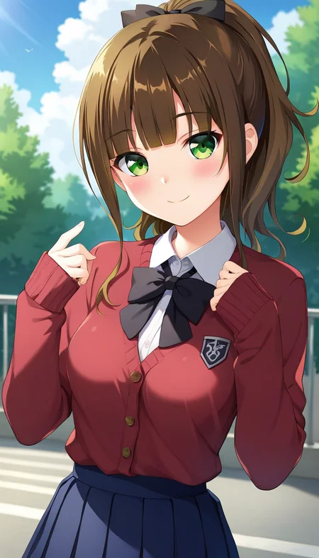 score_9,score_8_up,score_7_up,score_6_up BREAK official art,solo,outdoors,upper body,(portrait:1.5),looking at viewer,facing viewer,smile,blush,(petite:1.5),Kinoshita Yuuna,long hair,brown hair,ponytail,hair bow,black bow,hair ribbon,red ribbon,blunt bangs,green eyes,school uniform,red cardigan,white shirt,collared shirt,long sleeves,sleeves past wrists,medium breasts,blue skirt,pleated skirt,white socks,loafers,<lora:Kinoshita Yuuna(od)-Pony:1.2>,