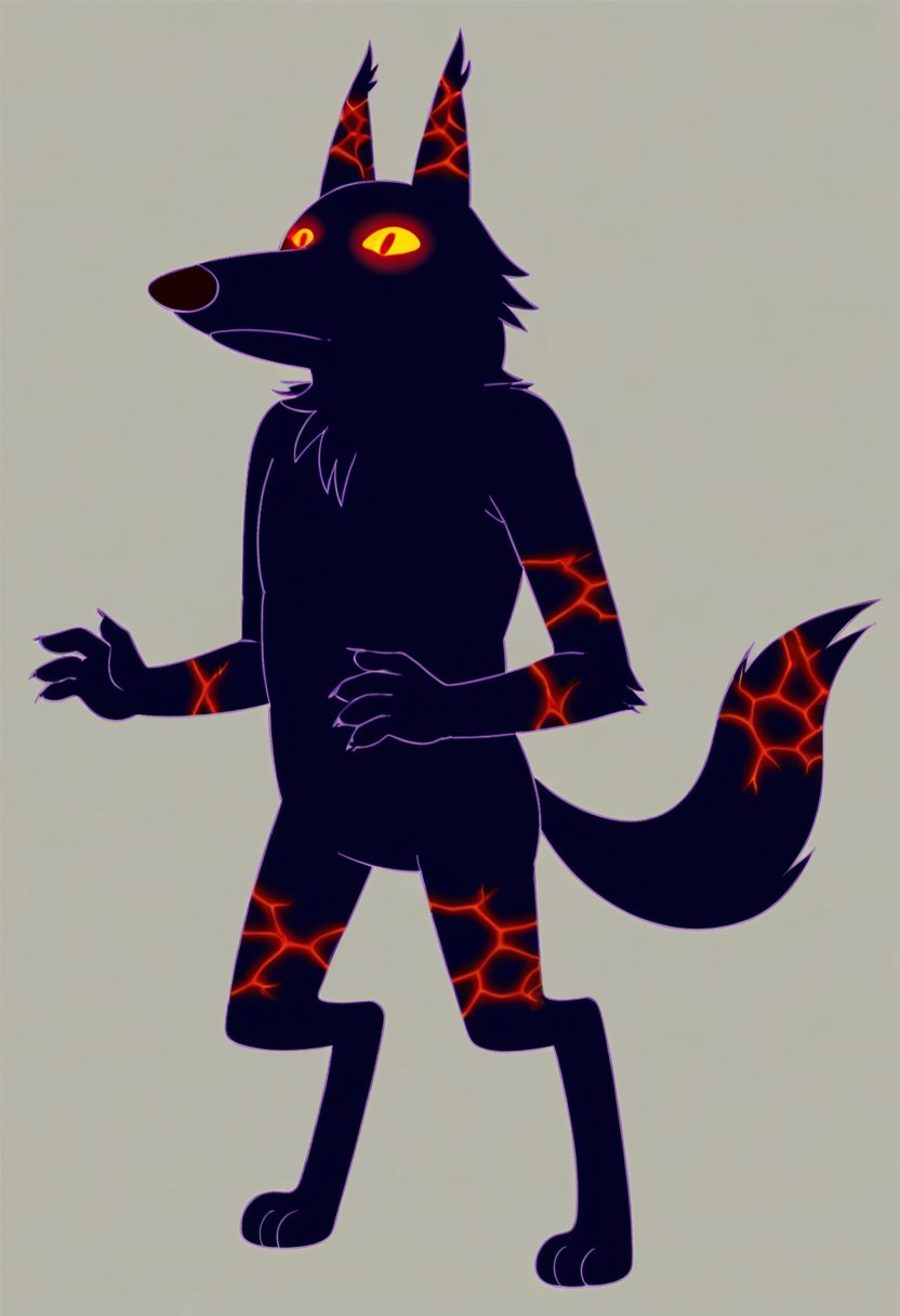 score_9, score_8_up, score_7_up, score_6_up, score_5_up, score_4_up, high quality, hires, 2d (artwork), 2d, cartoon style, ((((solo)))), (Fire Wolf \(Adventure Time\), wolf, ((orange red cracks on wolf body)), ((volcanic rock like body with cracks, canine torso)), pawhands, anthro, ((((Very dark violet lines))), red pupils, standing upright, ((bipedal)), wolf tail,((( Very dark violet lower lip, )))), Very dark blue black fur, (((anthro))), anthrofied, (((7 teeth))), Very dark blue black body, elemental creature, fire creature, ((nude)), yellow eyes, ((Glowing eyes)), tail, detailed fingers, hands down, ((3 toes)), 4 fingers), background