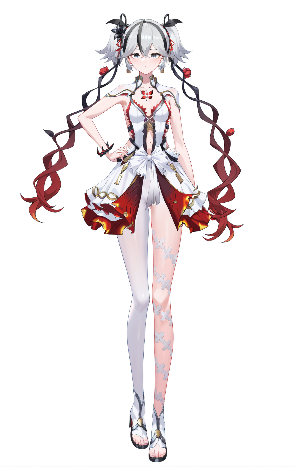 score_9, score_8_up, score_7_up, score_anime, 
A full-body portrait of a young girl, standing gracefully, pastel art style, high-key lighting, shoujo manga influence, hd quality, delicate details, 
full body, full shot, standing, looking at viewer, (solo:1.2), simple background, white background, hand on own hip, 
BREAK
<lora:chun-pony-Tanger-000018:0.8>, chun, white chun-def dress, 1girl, red floral tattoo on chest, breasts, twintails, multicolored hair, grey hair, grey eyes, dress, white single pantyhose, 
cowboy shot, 
BREAK
TEST, masterpiece, best quality,