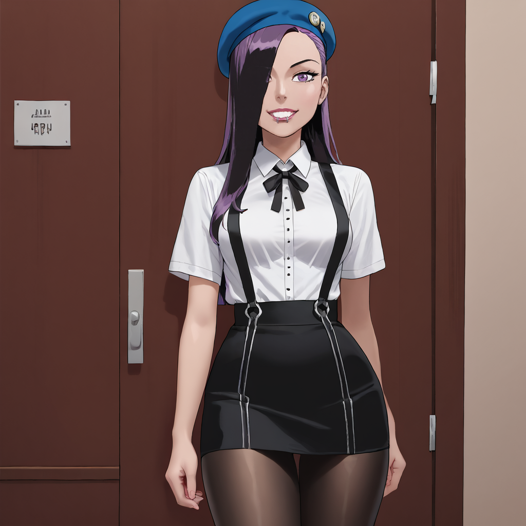 <lora:Vampblade_pony_v1:1>Katie, 1girl, long hair, hair over one eye, black hair, medium breasts,  makeup, purple eyes, cowboy shot,  <lora:0902 Home wear 5_v1_pony:1> ruanyi0902,beret,black ribbon,collared shirt,black pantyhose,high-waist skirt,white shirt,suspenders
