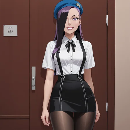 <lora:Vampblade_pony_v1:1>Katie, 1girl, long hair, hair over one eye, black hair, medium breasts,  makeup, purple eyes, cowboy shot,  <lora:0902 Home wear 5_v1_pony:1> ruanyi0902,beret,black ribbon,collared shirt,black pantyhose,high-waist skirt,white shirt,suspenders